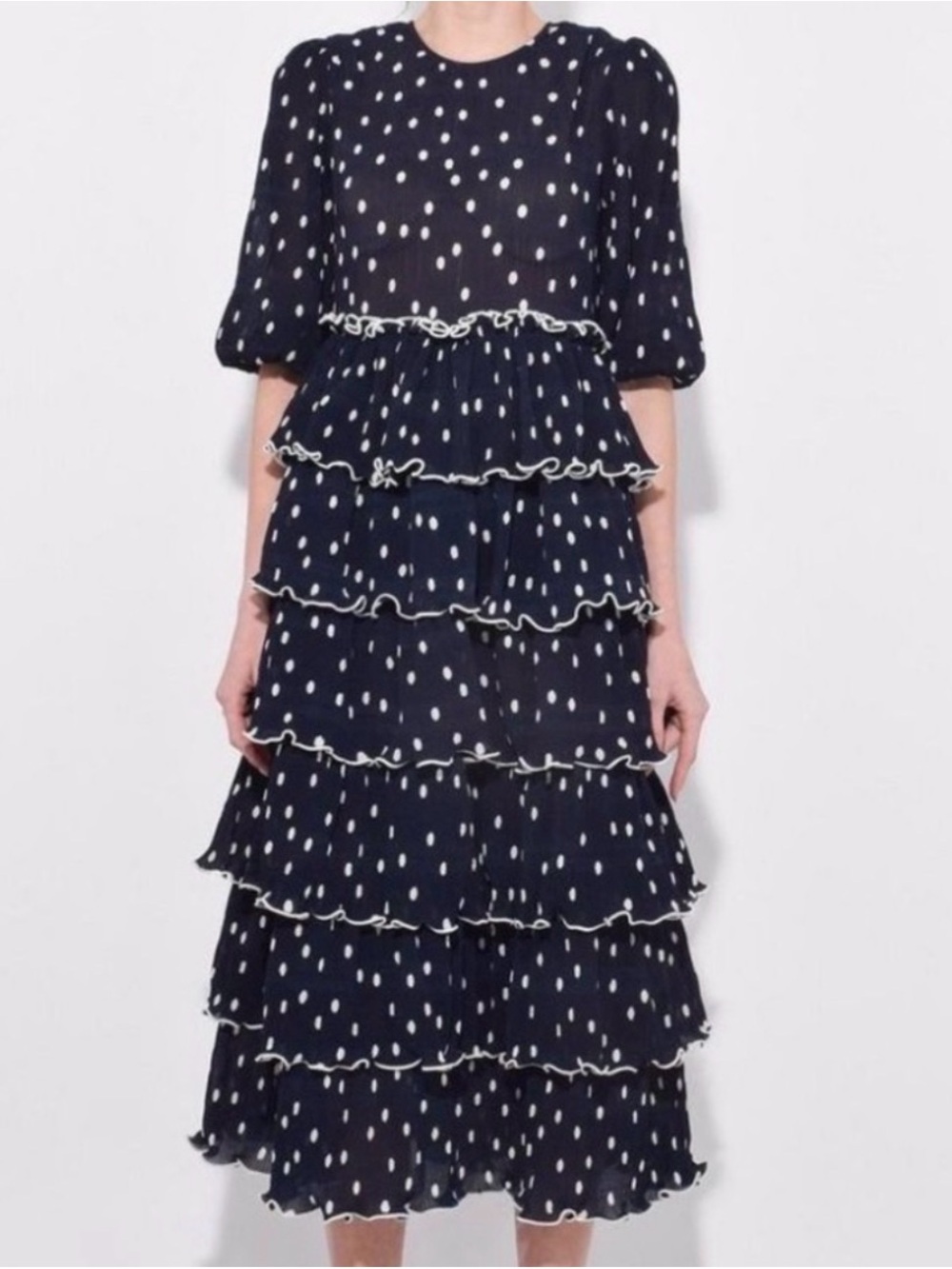 Ganni Lowell Navy & White Polka Dot Tiered Ruffle Midi Dress, Size 6